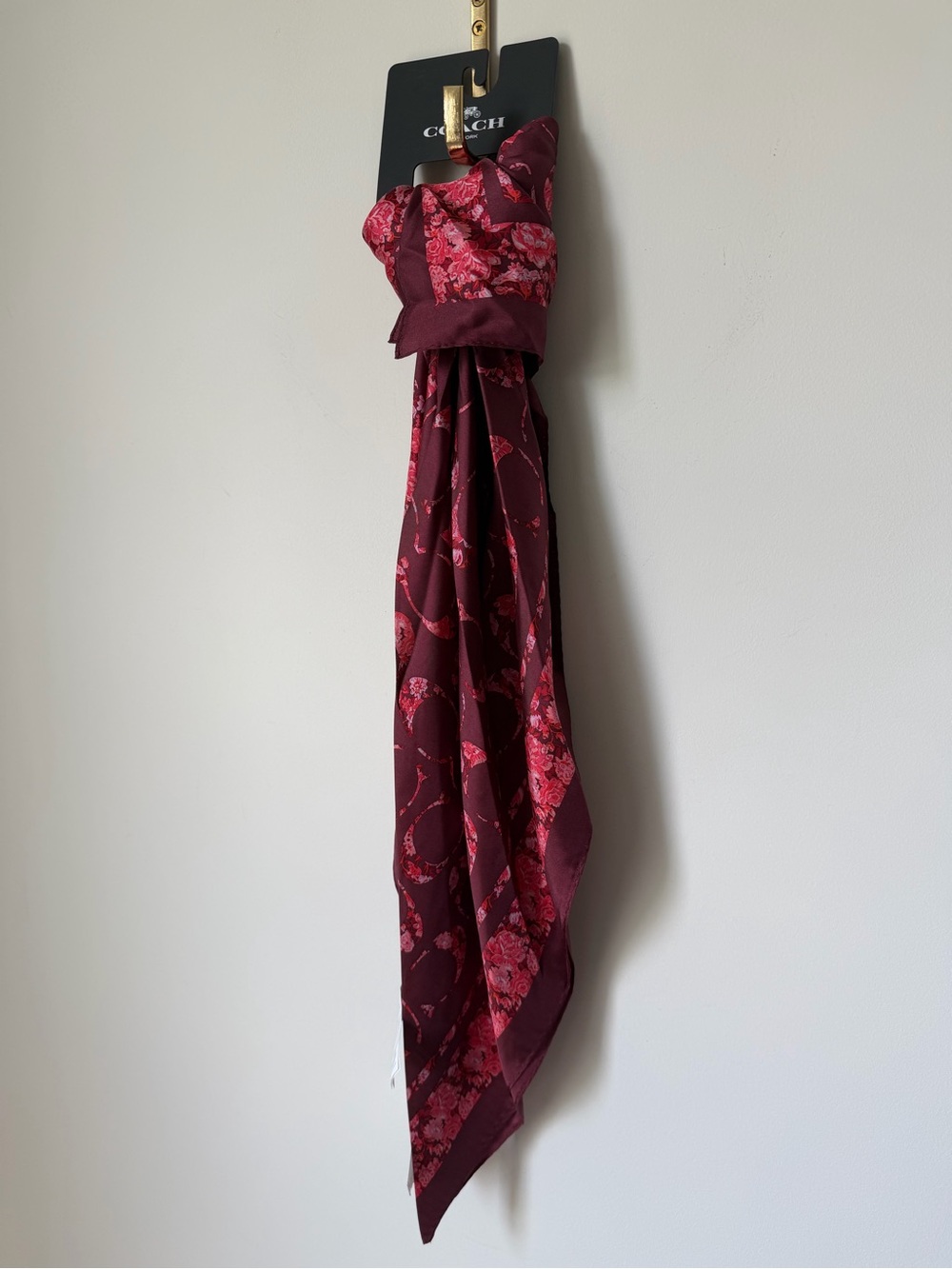 Coach Burgundy and Pink Floral Silk Scarf